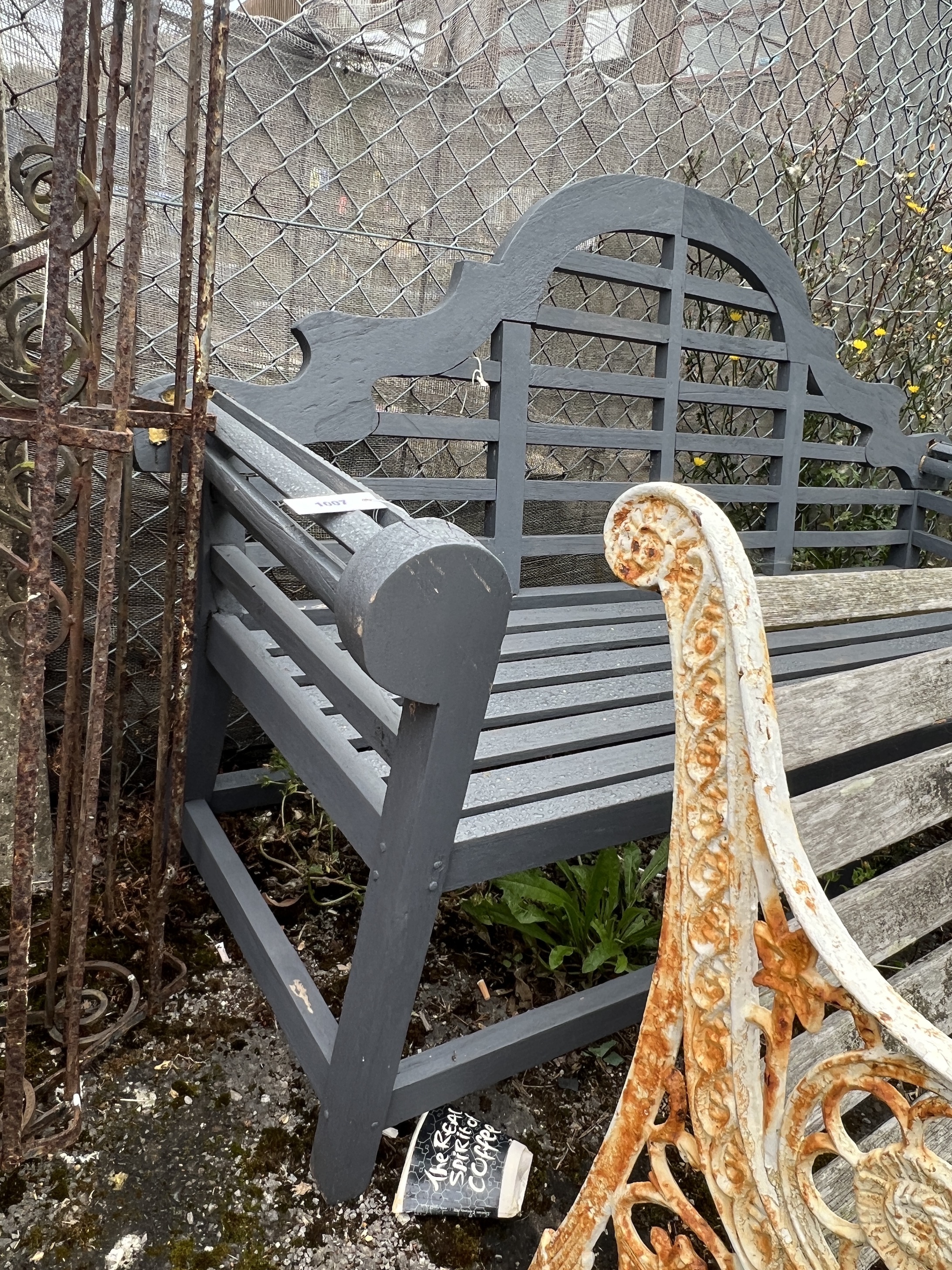A Lutyens style painted teak garden bench (a.f.), length 160cm, width 58cm, height 105cm